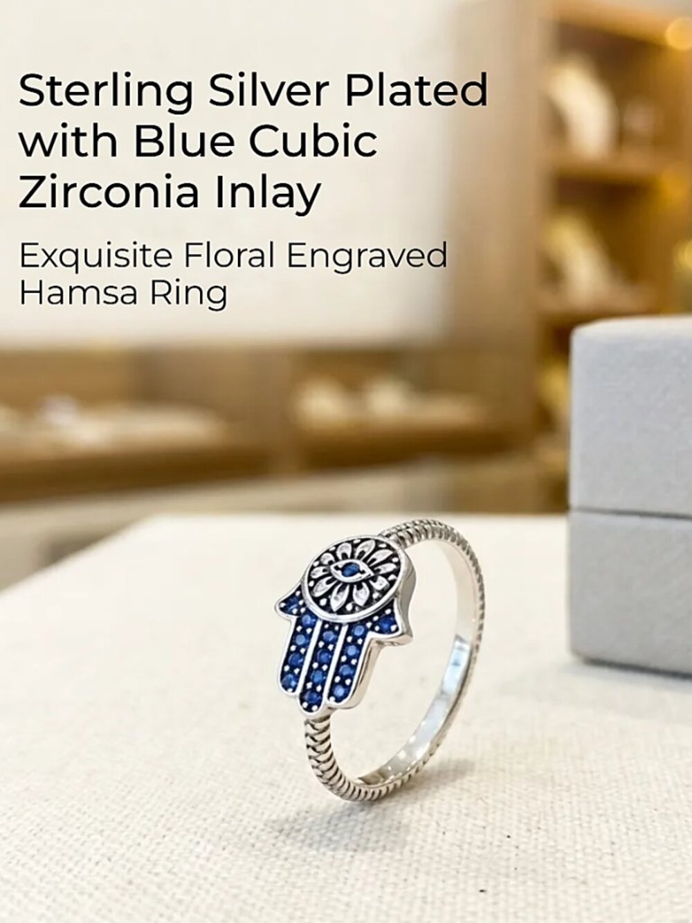 NWT -Hamsa Hand Evil Eye Protection Ring- Silver w Blue Cubic Zirconia- Size 6
